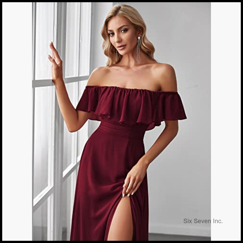 Off Shoulder Side Split High Waist Flowy Chiffon … - image 5